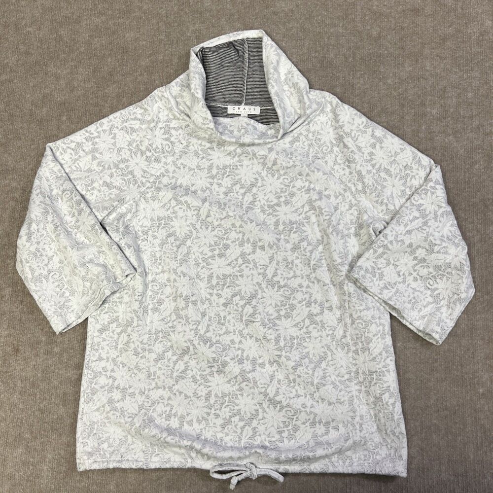 Chaus White Small 3/4 Sleeve Top Mock Neck Floral Lace Drawstring‎ Waist
